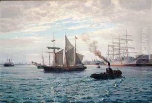 The Schooner "jorgen Danmark" In The Harbour Of Copenhagen Near Langelinie, In The Foreground A Tugboat