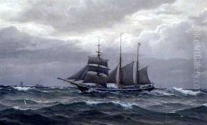 Gravejrsdag Pa Havet, I Forgrunden Tremasteren "hans Danmark" by Christian Benjamin Olsen