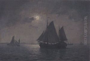 Auslaufende Fischerboote Vor Einer Kuste Im Mondschein by Christian Benjamin Olsen