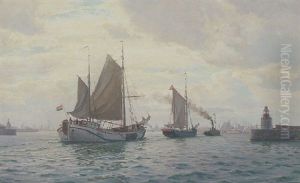Indsejlingen Til Kobenhavs Havn Med Hollandsk Og Dansk Sejlskib by Christian Benjamin Olsen