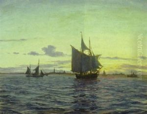 Marine Med Sejlskib Udfor Kobenhavns Havn, Solnedgang by Christian Benjamin Olsen