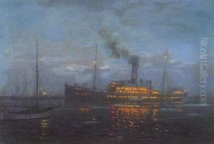 Aftenbelyst Marine Med Flere Skibe, Bla. Dfds Damperen "aarhus" by Christian Benjamin Olsen