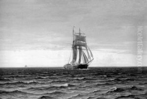 Four Masted Ship On Calm Waters by Christian Benjamin Olsen