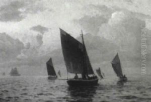 Marine Med Sejlskibe Pa Havet, I Stille Vejr Marine Med Sejlskibe Pa Havet, I Stille Vejr