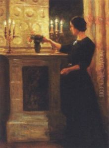 Interior Med Kvinde Der Ordner Blomster by Einar Olsen