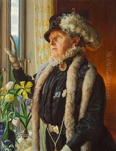 En Aeldre Dame I Sort Kjole Prydet Med Adskillige Smykker Ser Ud Af Vinduet