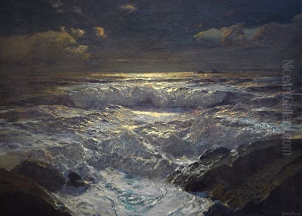 Moonlit Waves On The Shore With The Longships Lighthouse, Land's End, Cornwall - view 1