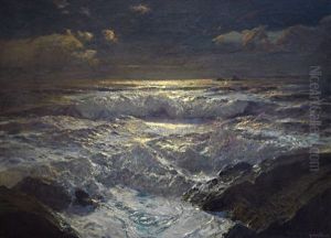 Moonlit Waves On The Shore With The Longships Lighthouse, Land's End, Cornwall by Julius Olsson