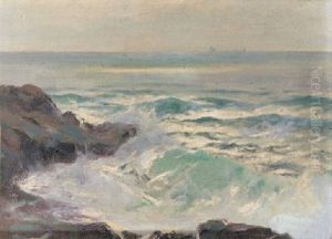 Waves Breaking Onto A Rocky Shore by Julius Olsson