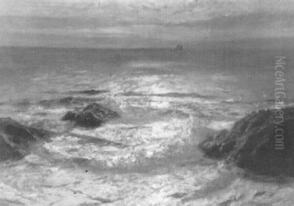 Rocky Coast Line At Sunset, A Sailboat In The Distance - view 1