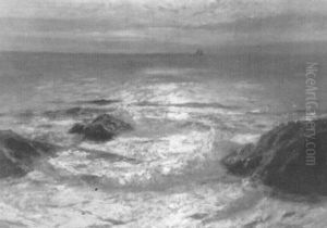 Rocky Coast Line At Sunset, A Sailboat In The Distance by Julius Olsson