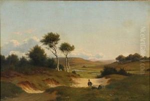 A Hilly Summer Landscape With A Walking Man A Hilly Summer Landscape With A Walking Man