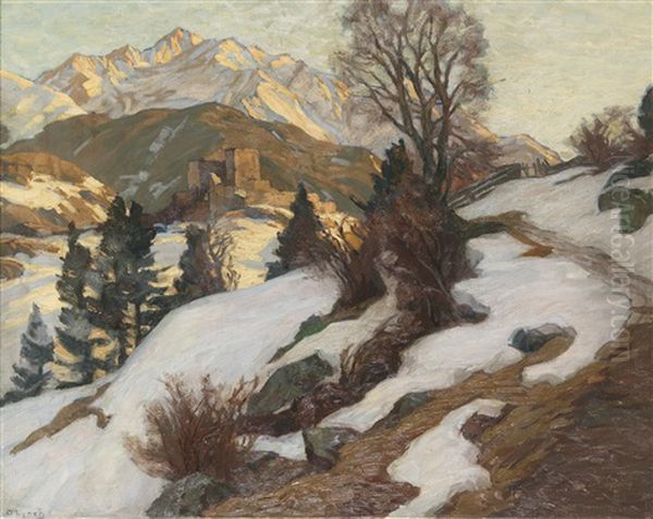 Alpenlandschaft Mit Burgruine Im Vorfruhling - view 1