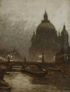 Berlin - Blick Auf Die Abendliche Friedrichsbrucke Und Den Dom by Carl (Karl, Charles) O'Lynch of Town