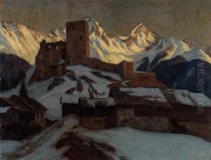 Abendstimmung Uber Bergruine Mit Dorf In Den Alpen by Carl (Karl, Charles) O'Lynch of Town