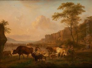 Gardiens De Troupeaux Au Bord De La Riviere Sur Fond De Paysage Fluvial