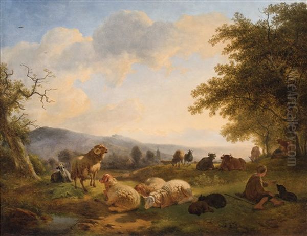 A Shepherd And His Flock Of Sheep And Goats Resting Near Some Trees In A Panoramic Landscape At Sunset by Balthasar Paul Ommeganck