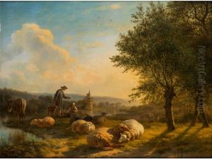 Abendliche Landschaft Mit Schafhirten, Schafen Und Esel