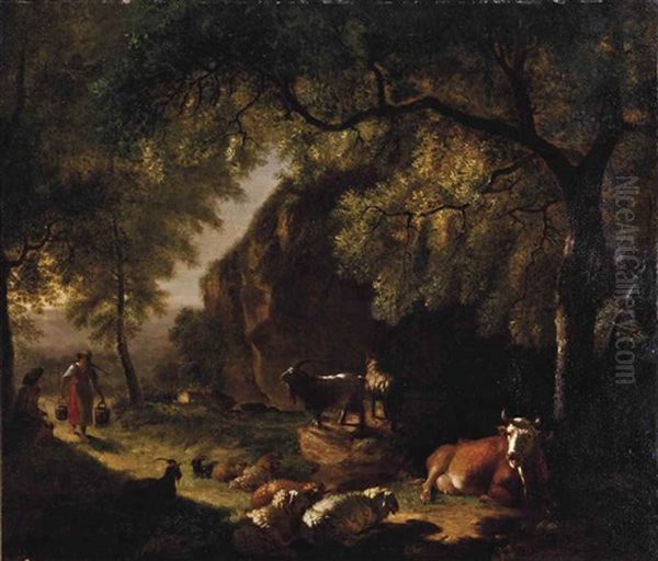 A Shepherd And A Milkmaid Tending To Their Flock - view 1