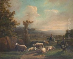Paysage Anime D"un Jeune Berger Et Bergere A Cheval Avec Moutons