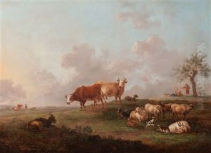Resting Shepherd With Cattle In A Wide Landscape by Balthasar Paul Ommeganck