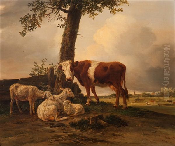 Cow With Two Ewes And A Lamb Under A Tree - view 1