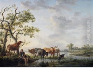 A River Estuary With A Drover And His Flock By The Bank, A Boat, Bathers And A Cottage Beyond