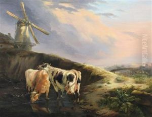 Cattle Watering Before A Windmill