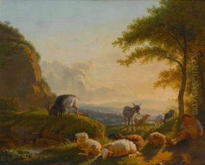 Ruhender Hirte Mit Esel, Schafen Und Ziegen