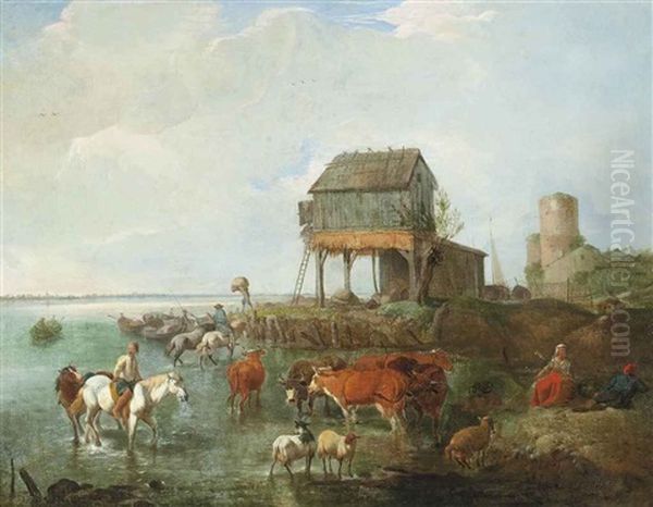 An Estuary With Drovers Watering Their Cattle And Fishermen Loading Their Boats - view 1