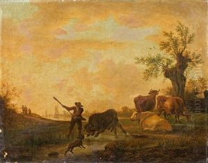 Paysage Avec Troupeau Et Taureau Furieux by Balthasar Paul Ommeganck