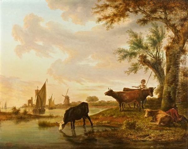 Paysage Fluvial Avec Troupeau - view 1