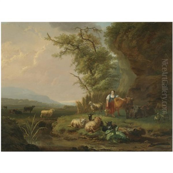A Landscape At Sunset With A Milkmaid And Her Herd In The Foreground (collab. W/ Jan-hendrick Van Den Bosch) - view 1