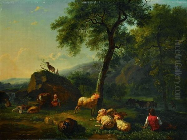 Rastender Hirte Im Vordergrund Und Hirtenpaar Mit Weidender - view 1