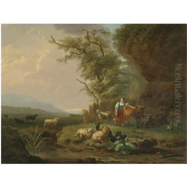A Landscape At Sunset With A Milkmaid And Her Herd In The Foreground - view 1