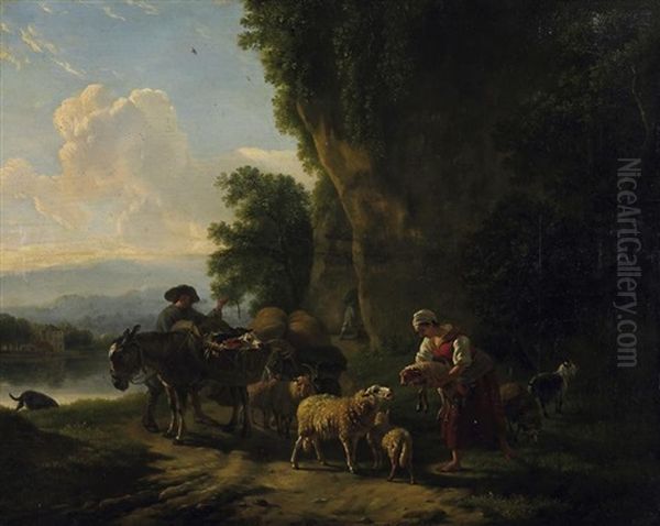 Abendstimmung Vor Den Felsen Am Flusufer. Auf Dem Weg Bauern Mit Ihrem Vieh - view 1