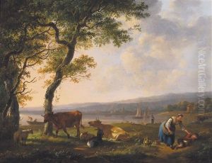 Rivierlandschap Met Veehoedster En Kind