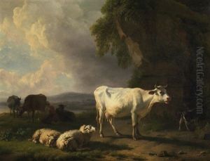 Am Abend, Bauerin Mit Ihren Tieren Vor Idyllischer Seenlandschaft by Balthasar Paul Ommeganck