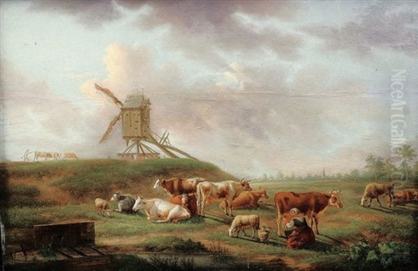Bauerin Mit Kuhen Und Schafen Auf Einer Sommerlichern Wiese - view 1