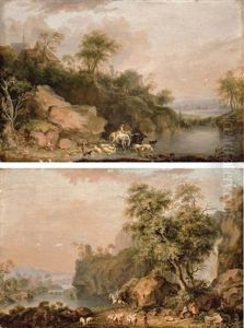 A Rocky River Landscape With Herdsmen (+ A Rocky River Landscape With Travellers; Pair) by Balthasar Paul Ommeganck