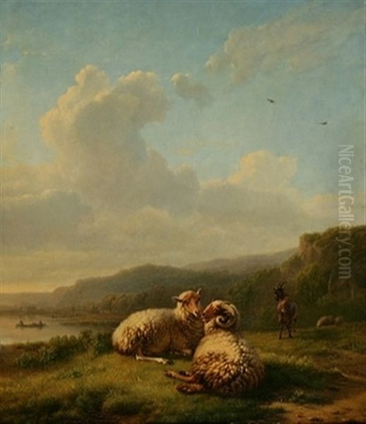 Belier, Moutons Et Chevre Dans Un Paysage Montagneux - view 1