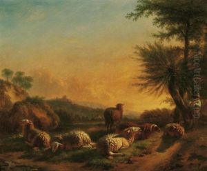 Weite Fluslandschaft Im Abendlicht. Vorn Ein Hirte Bei Seiner Schafherde Weite Fluslandschaft Im Abendlicht. Vorn Ein Hirte Bei Seiner Schafherde