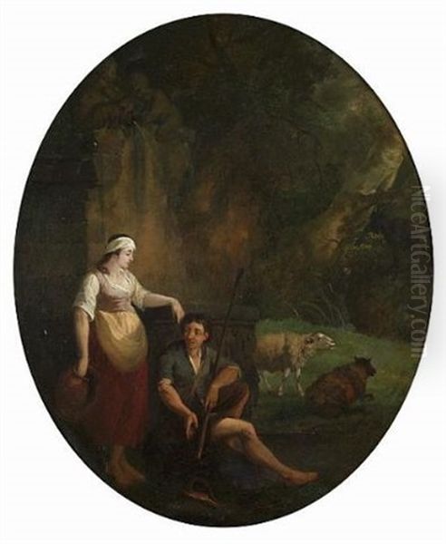 A Shepherd And Shepherdess With Their Flock Resting Beside Ruins - view 1