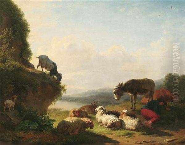 Schlafender Hirte Mit Ziegen, Schafen, Einer Kuh Und Einem Maultier - view 1