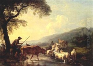 An Extensive Hilly Landscape With Shepherds And Their Herd Of Cows, Sheep, Goats And Donkeys Fording A Stream At Sunset