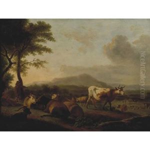 A Wooded Landscape With Cattle, Sheep And A Goat Grazing By A River A Wooded Landscape With Cattle, Sheep And A Goat Grazing By A River