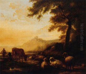Herders Resting Their Livestock By A River At Dusk
