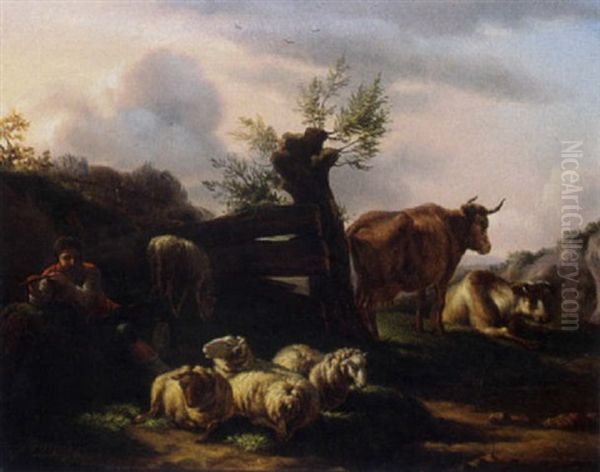 A Shepherd With His Cattle In A Landscape - view 1