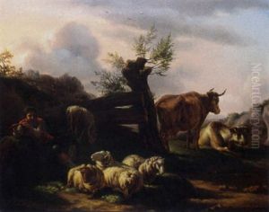 A Shepherd With His Cattle In A Landscape by Balthasar Paul Ommeganck
