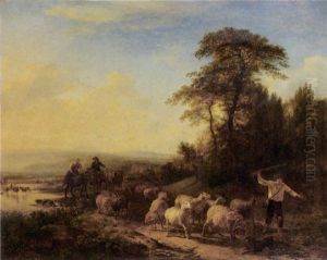 Shepherds Leading Their Flock On A Path In A Mountainous Landscape